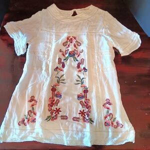 ETWO Womens S White Pink Floral Embroider Short Slv RdNeck Tunic Blouse Top Boho